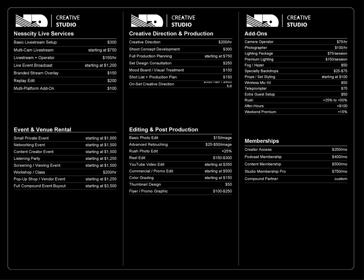 Nesscity Creative Studio service menu and rate sheet
